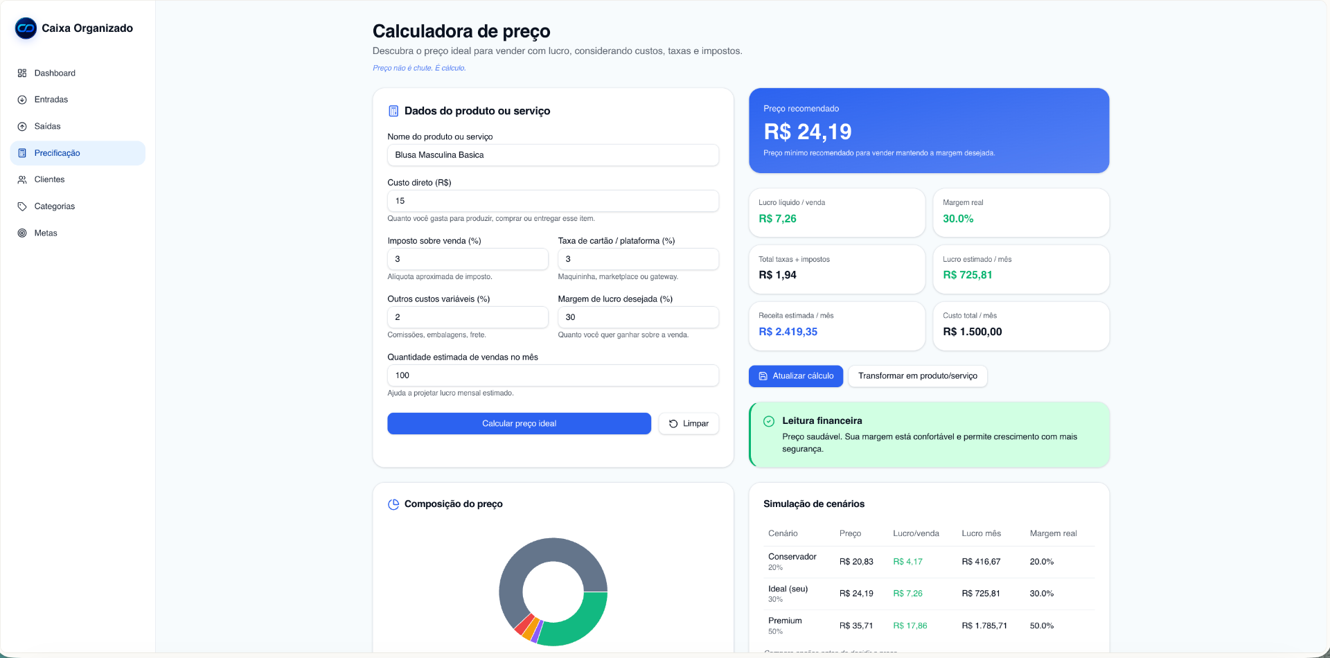 Calculadora de precificação inteligente do Caixa Organizado
